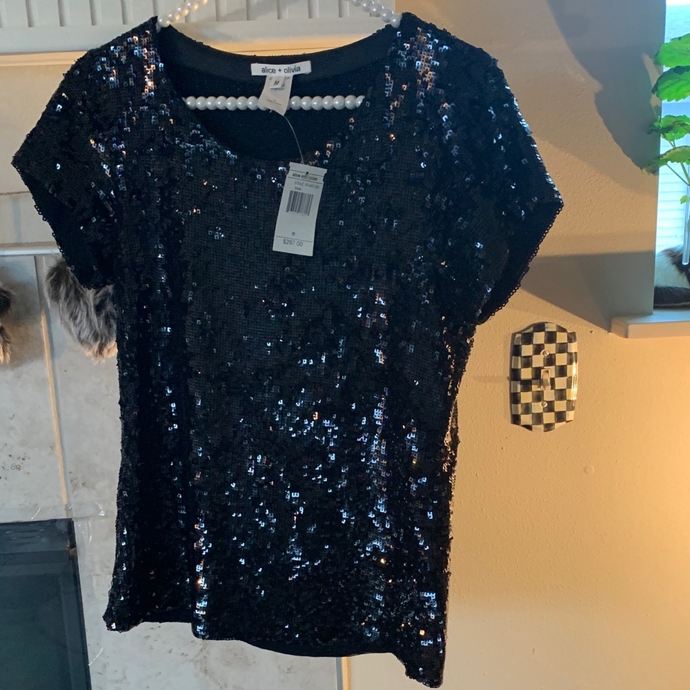 NWT Alice + Olivia Black Sequin Lined Top was $297 new Size M